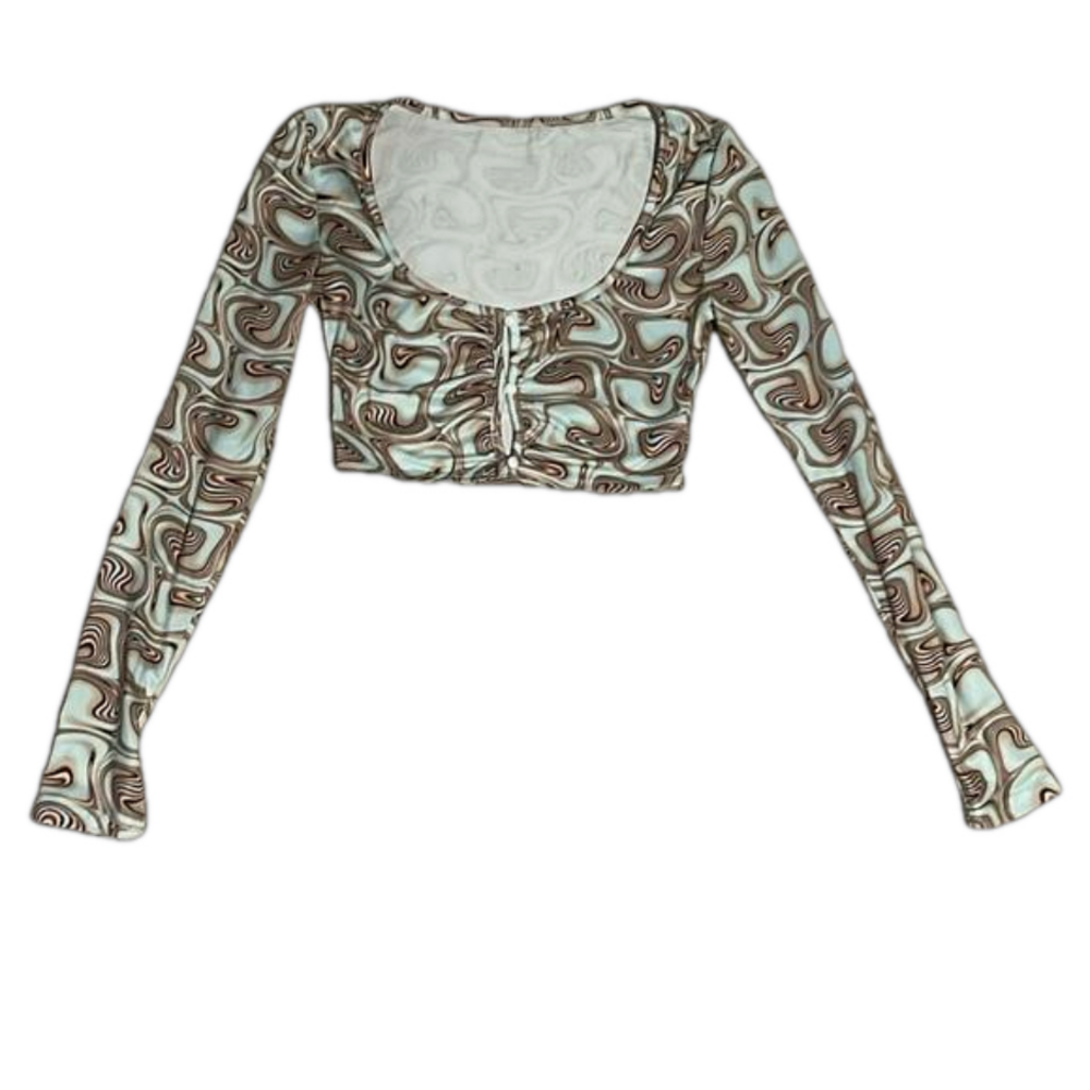 size xs cropped pattern long sleeve top with buttons detail
